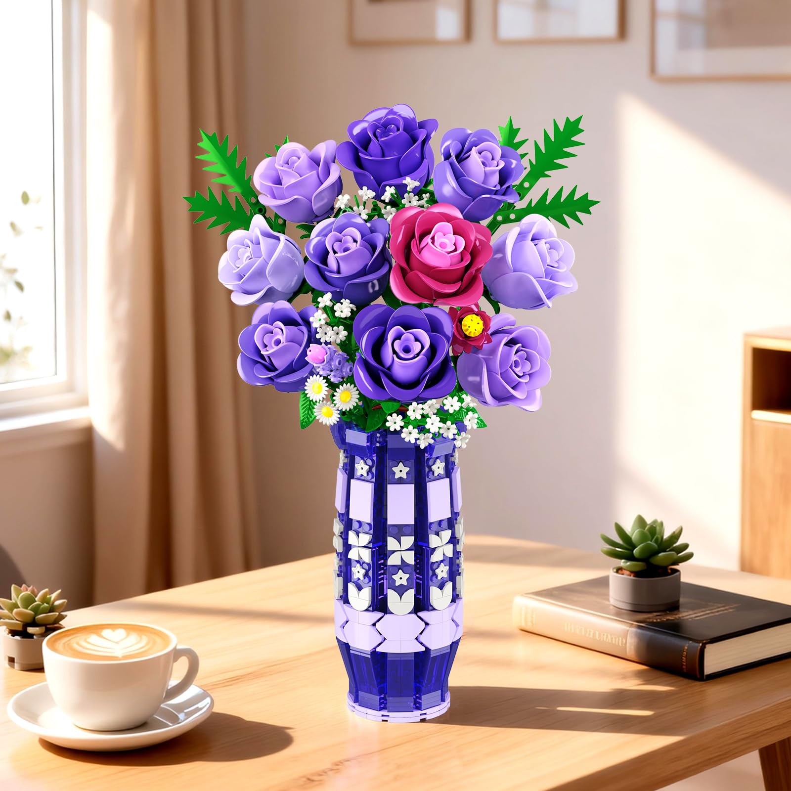 CUBIMANA Lila Rosen Blumen-Bauset mit Vase und LED-Licht, 17 Mini-Blumenstrauß-Bausteine, künstliche Blumen für Zuhause und Büro, Geschenk für Erwachsene, Frauen und Mädchen ab 12 Jahren 2