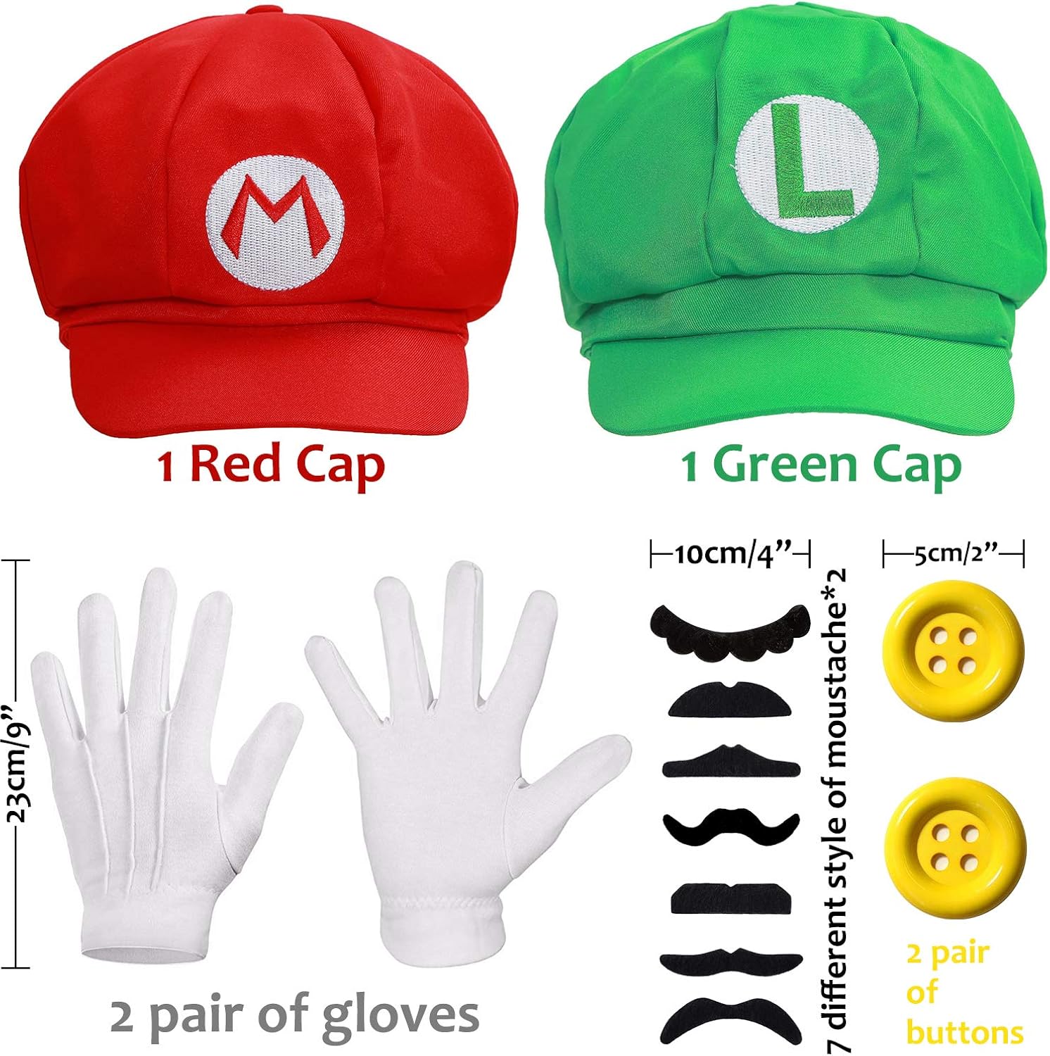MOVINPE Super Mario Bros Hat Baseball Cap, Fake Mustaches, White Gloves, Yellow Buttons, Unisex Halloween Costume Cosplay for Adult Kids (Red Mario & Green Luigi 24pcs): Clothing