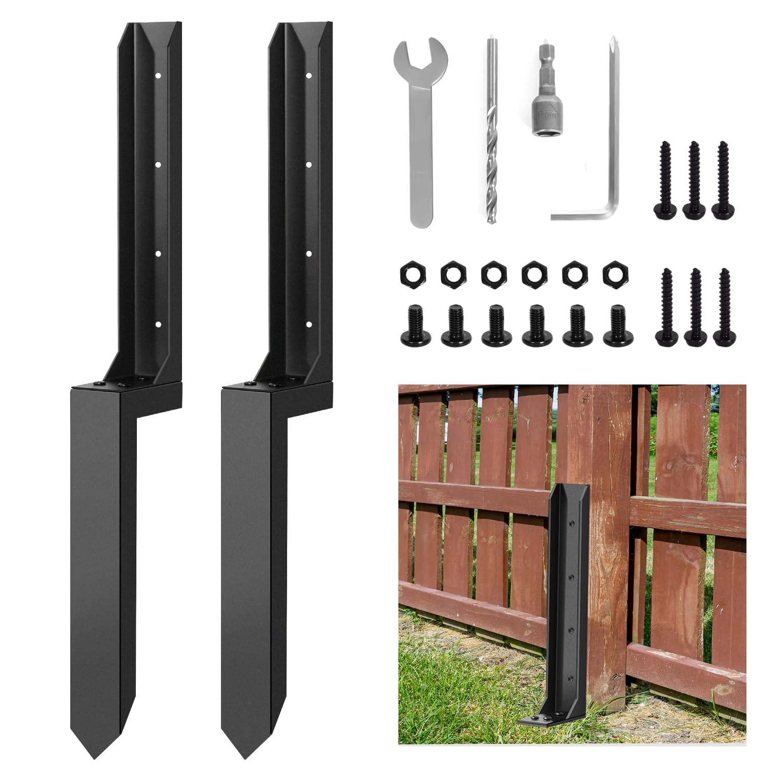 Photo 1 of 2 Pcs Fence Post Repair Kit – Heavy Duty Metal Ground Stakes for Wood Post Support, Fix Tilted or Broken Fence Posts – Durable Anchor Stabilizer for Outdoor Garden, Yard, and Farm Fencing