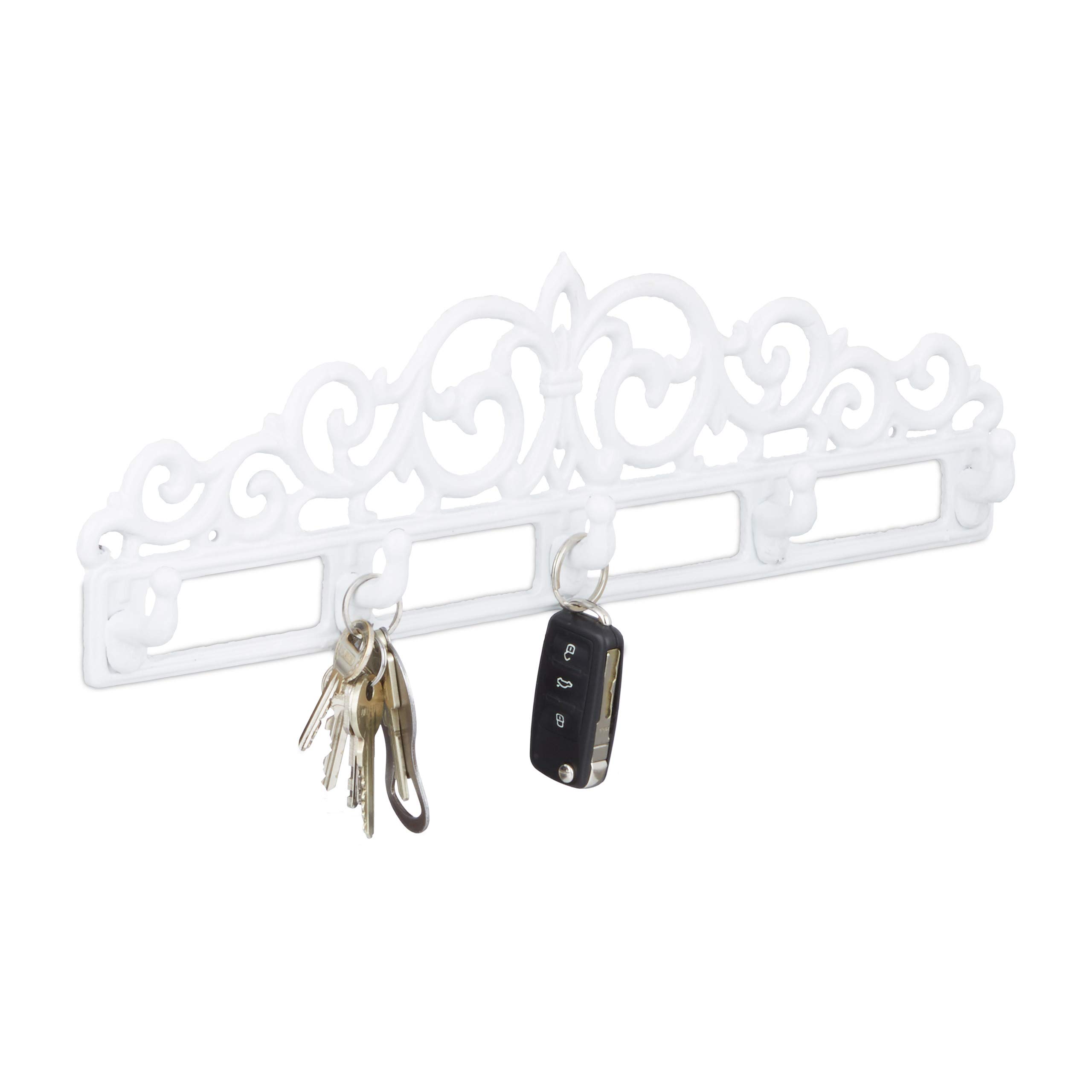 Relaxdays Cast Iron Wall Coat Rack, 5 Hooks, Antique Cottage-Style, HxWxD: ca 13.5 x 42 x 4 cm, White
