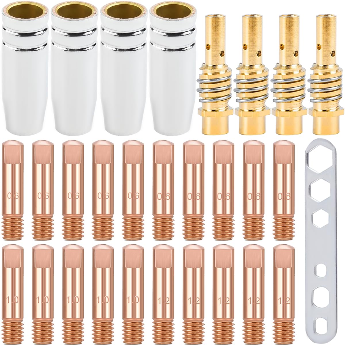 EATBALE MB15 15AK Welding Contact Tips Holders MIG Welder Consumable, M6 Contact Tips 0.6mm, 0.8mm, 1.0mm, 1.2mm, Shield Cup, Welding Gun Accessories for MB15 15AK MIG/MAG Welding Torch (29Pcs)