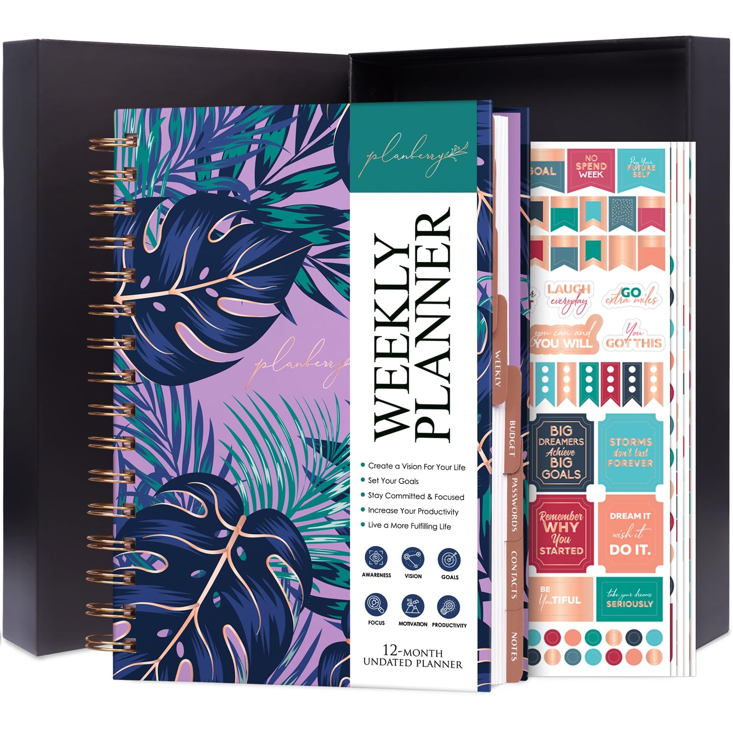 PLANBERRY Weekly Planner – Elegant Life & Budget Planner to Hit Your Goals & Live Happier – Organizer & Productivity Journal – 17.5 x 21.5cm Hardcover, Undated + Stickers (Wild Purple)