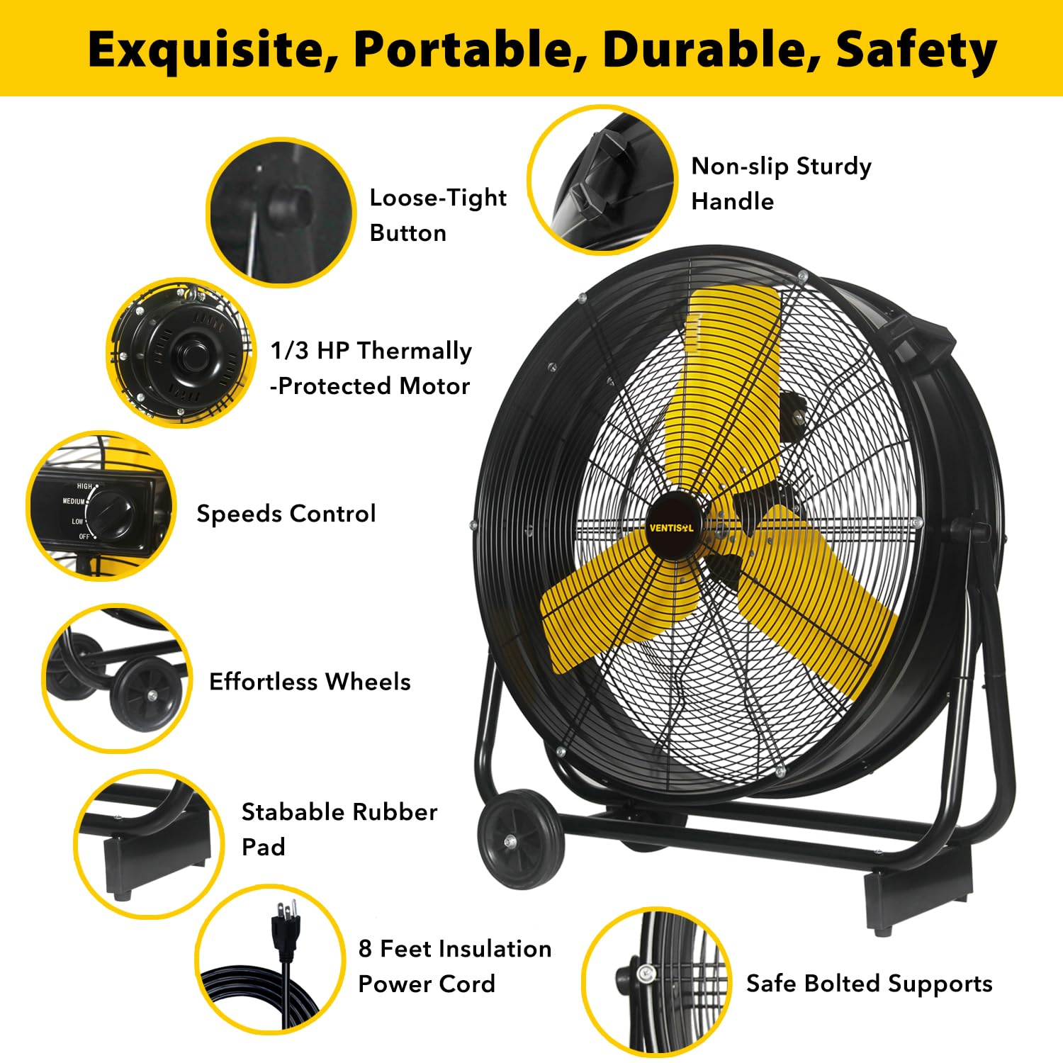 VENTISOL 24 Inch Industrial Drum Fan, 8800 CFM Heavy Duty Floor Fan,High Velocity Metal Fan, Shop Fans for Garage,Warehouse,Patio,Greenhouse,Workship,3-Speed