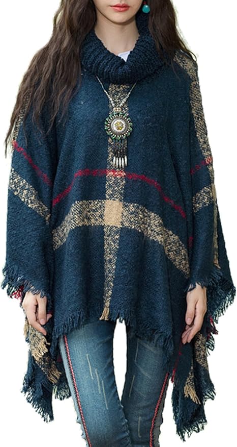 Amazon クー Kuuu 羽織るだけあったか着こなし ポンチョ レディース フリンジ チェック トップス 秋 冬 ネイビー ファッション小物 通販