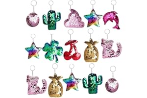 Outee Sequin Keychain 15 Pcs Flip Sequin Keychain for Mermaid Tail Clover Cat Animals Shape Christmas Gift Party Favors for Kids Adults Party Favors Gift Back to School Gifts 15 Different Designs