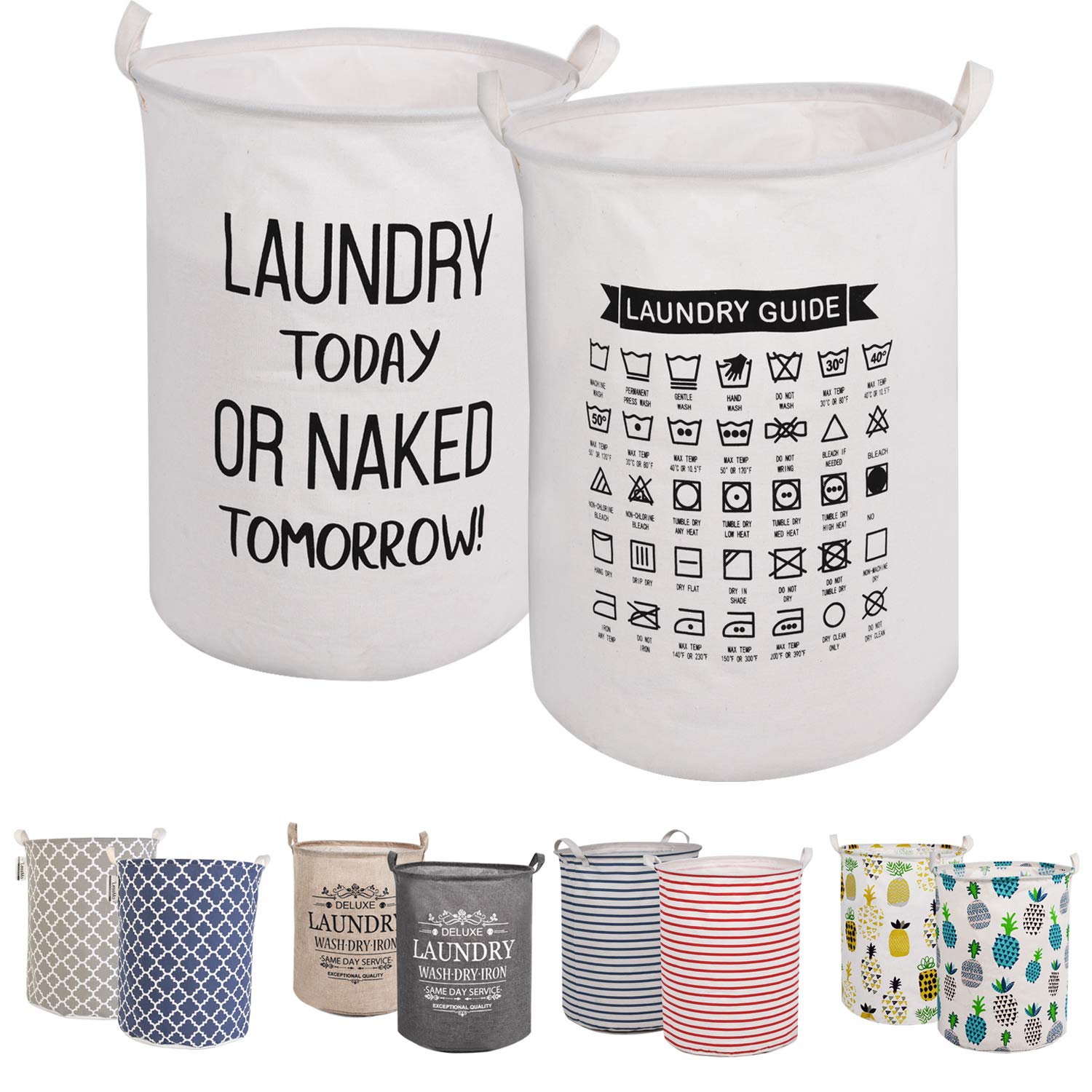 LessMo 2Pcs 17.7" Laundry Hamper, Collapsible Storage Basket With Easy Carry Handles, Waterproof Round Cotton Linen, for Baby Products, Toys, Bedroom Hamper