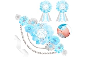 JOYMEMO Blue Winter Snowflake Baby Shower Maternity Sash and Corsage Pin Set - Mom to Be Snowflake Flower Belly Belt, Mom to Be & Dad to Be Corsage, Pregnancy Keepsake for Boy