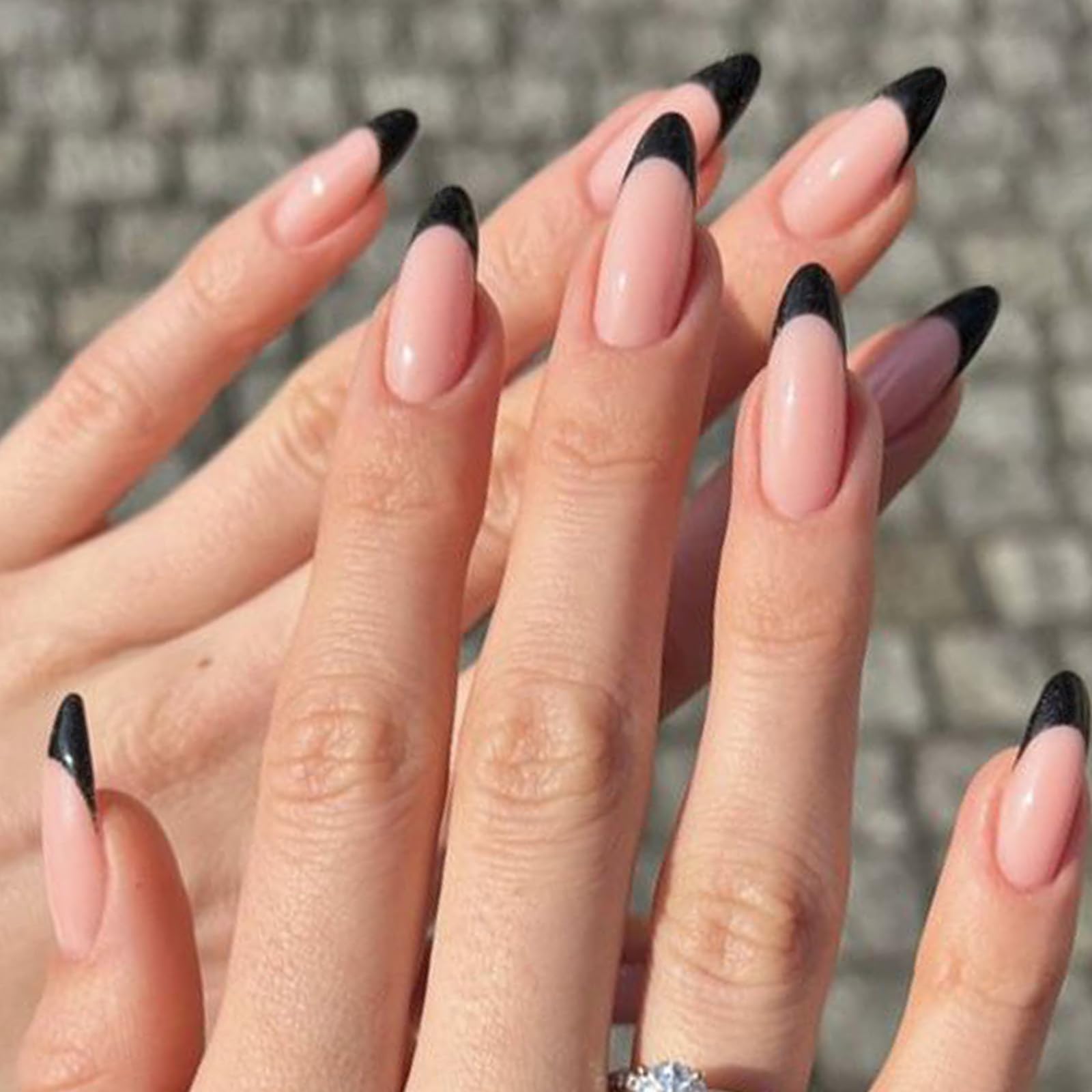 GLAMERMAID Press on Nails Medium Almond, Spring Summer Black French Tip Gel Glue on Nail, 24Pcs Glossy Short Stiletto Reusable UV Finish Fake Nails Acrylic False Nails Manicure Kits for Women - Image 4