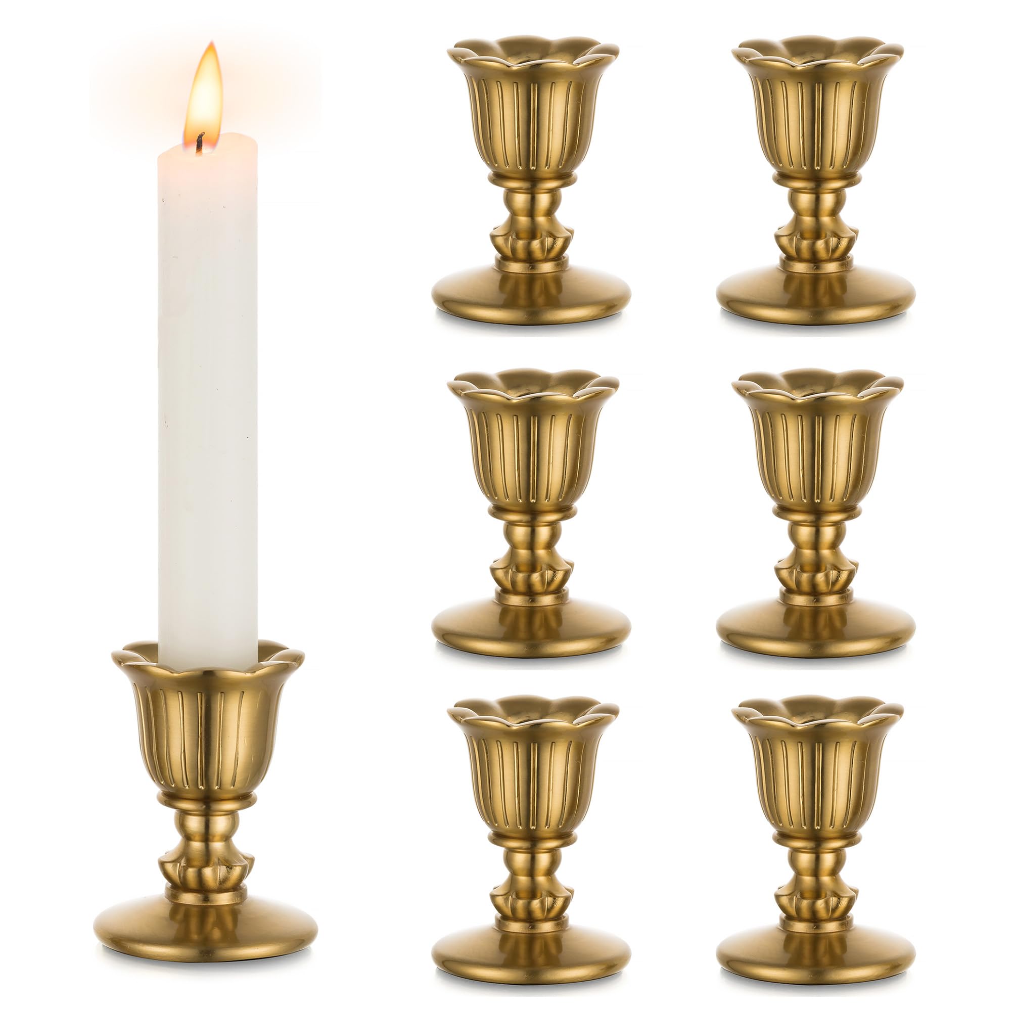 Vintage Candlestick Candle Holders Brass - Romadedi Taper Gold Candle Stick Victorian Style for Table Centerpiece Wedding Reception Festive Christmas Mantel Decoration or Home Decor Set of 6