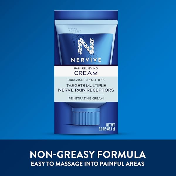 NERVIVE PAIN RELIEVING CREAM, MAX STRENGTH NON-GREASY TOPICAL PAIN RELIEVER WITH LIDOCAINE AND MENTHOL FOR TOES, FEET, FINGERS, HANDS, LEGS & ARMS, 3.0OZ