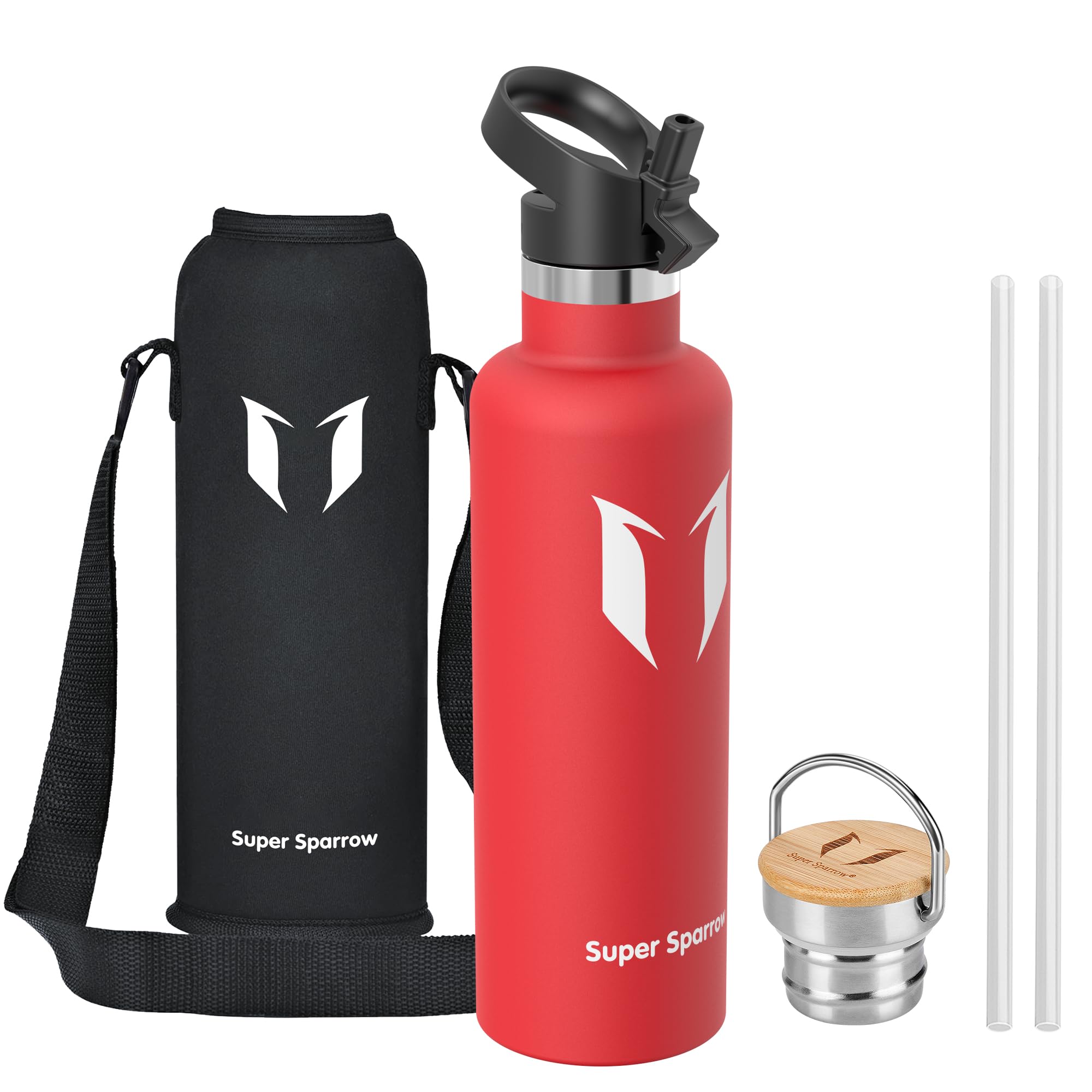 Super Sparrow Water Bottle Stainless Steel - 1000ml - Insulated Metal Water Bottles - Standard Mouth Flask - BPA Free - Straw Bottle for Work, Gym, Sports - 2 Lids