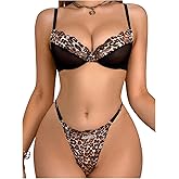 OYOANGLE Women's Two Piece Leopard Print Lace Lingerie Set Mesh Underwire Bra G String Underwear Sets
