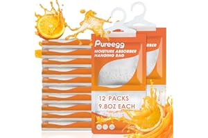 Pureegg Moisture Absorbers Hanging Bag - 12 Packs, Citrus Scent, Odor Absorber for Narrow Spaces, Efficient Humidity Absorber for Kitchens, Basements, Bathrooms, Hanging Closet Odor Eliminator