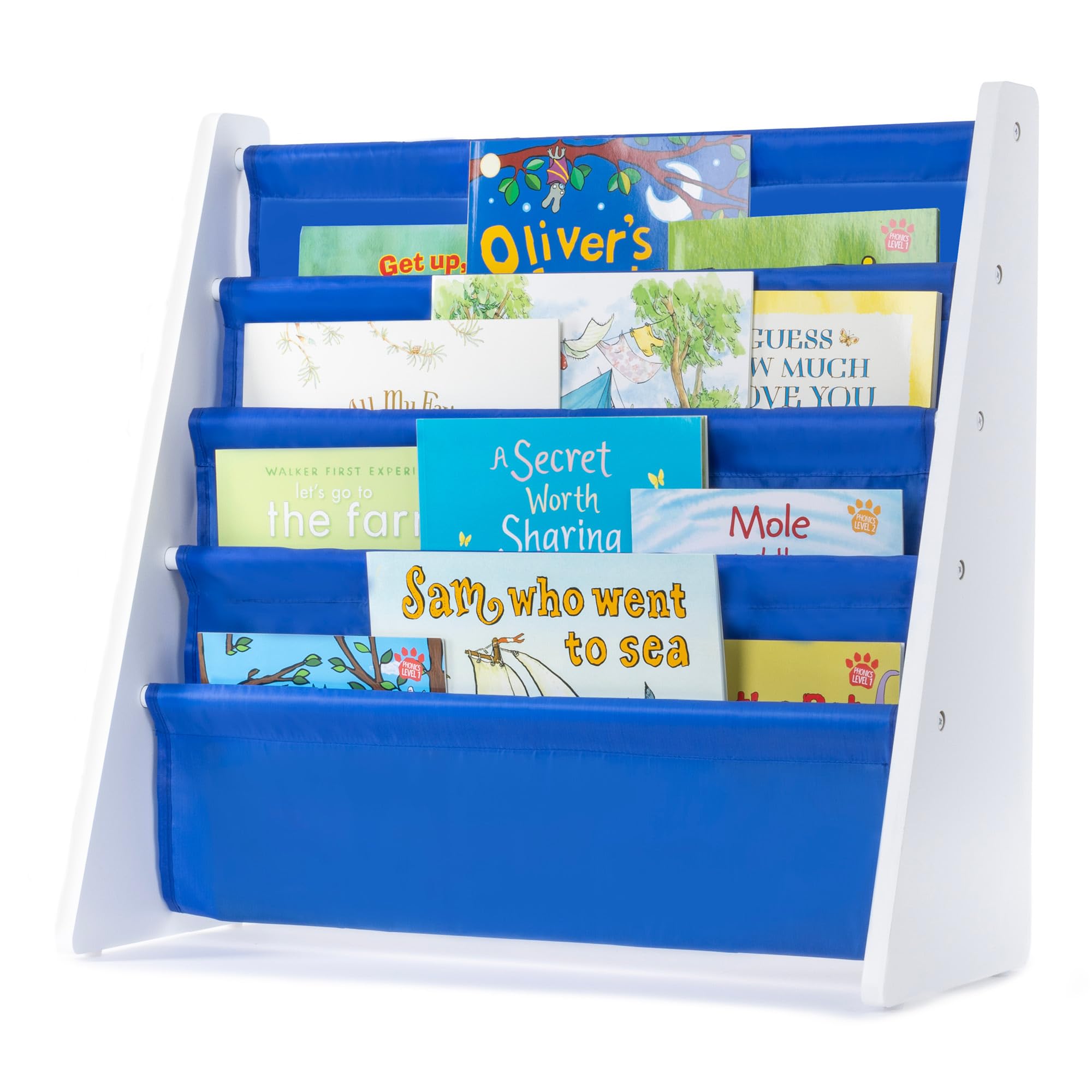 LIVIVO Colorful Kids Bookshelf - 4 Tier Children's Bookcase, Magazine and Book Storage Rack, Wooden Sling Book Organizer, Book Shelf for Kids Room, Bedroom, Nursery, Playroom (Blue)