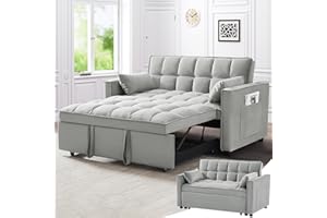 Skepphlay 3 in 1 Convertible Sofa Bed, Pull Out Couch with 3-Level Adjust Backrest Sleeper Loveseat with 2 Pockets and 2 Pillows, Velvet Chaise Lounge for Living Room, Gray, Full Size