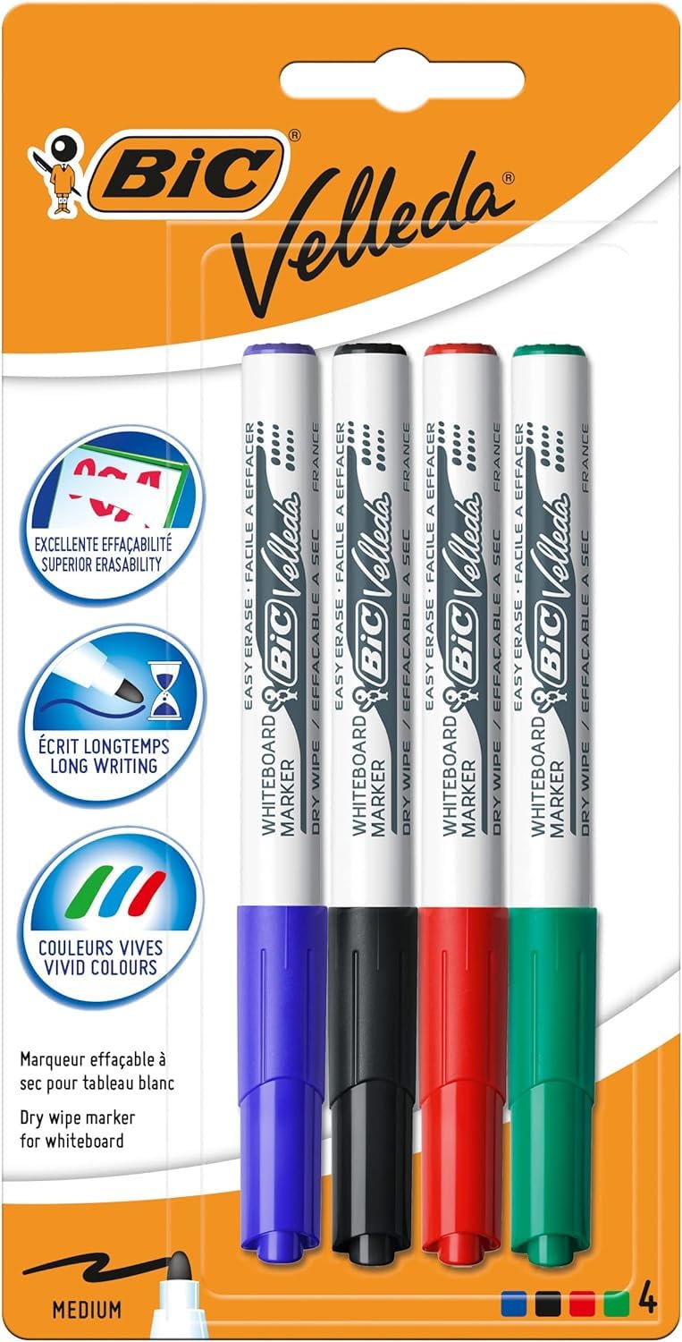 BIC Velleda 1741 Whiteboard Markers Effa & amp; ccedil; ables & amp; agrave; Dry Medium Conical Tip - Assorted Colors, Blister of 4