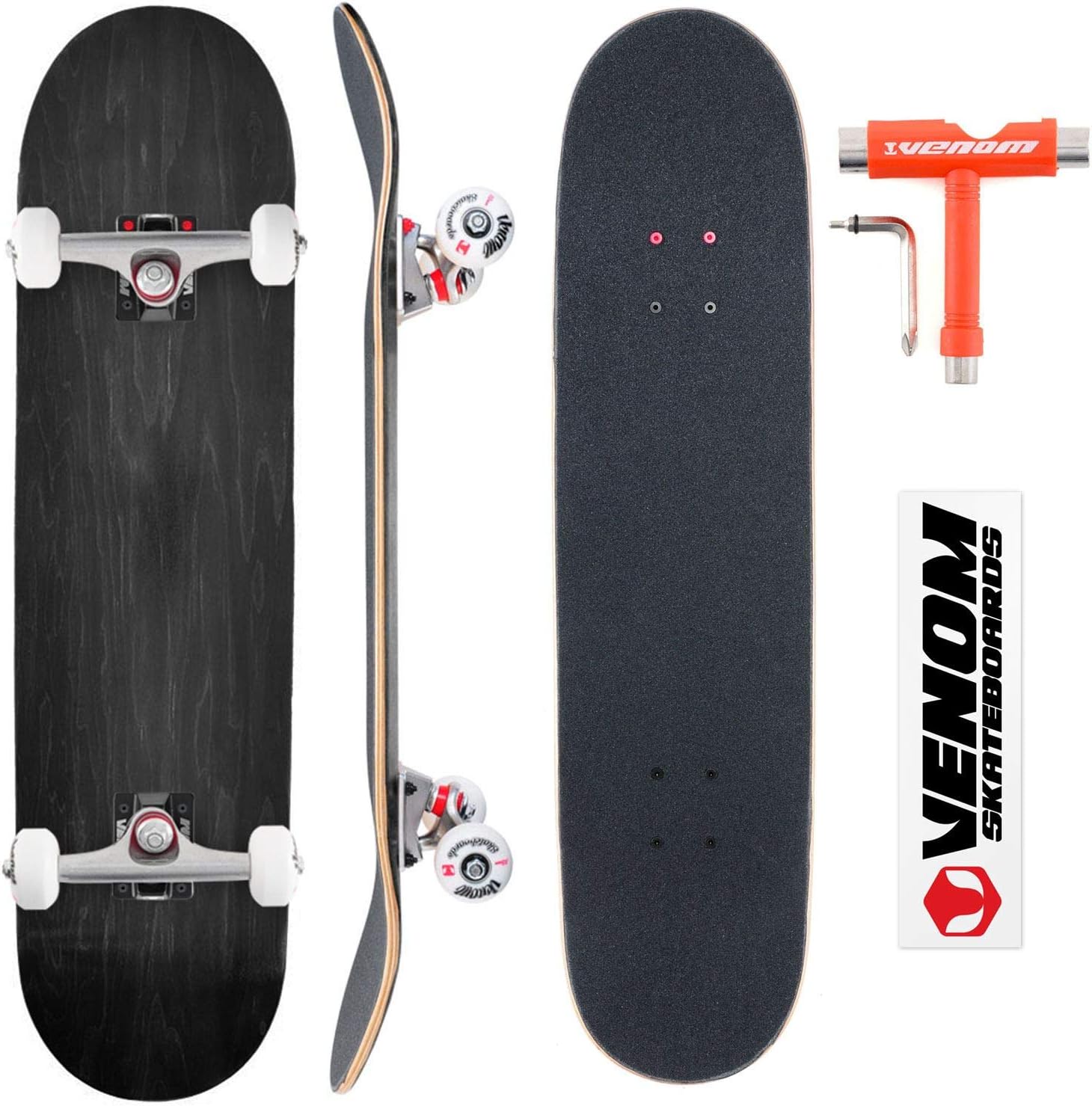 Venom Custom Complete Skateboard - Black Deck 8" - Black/Raw Trucks