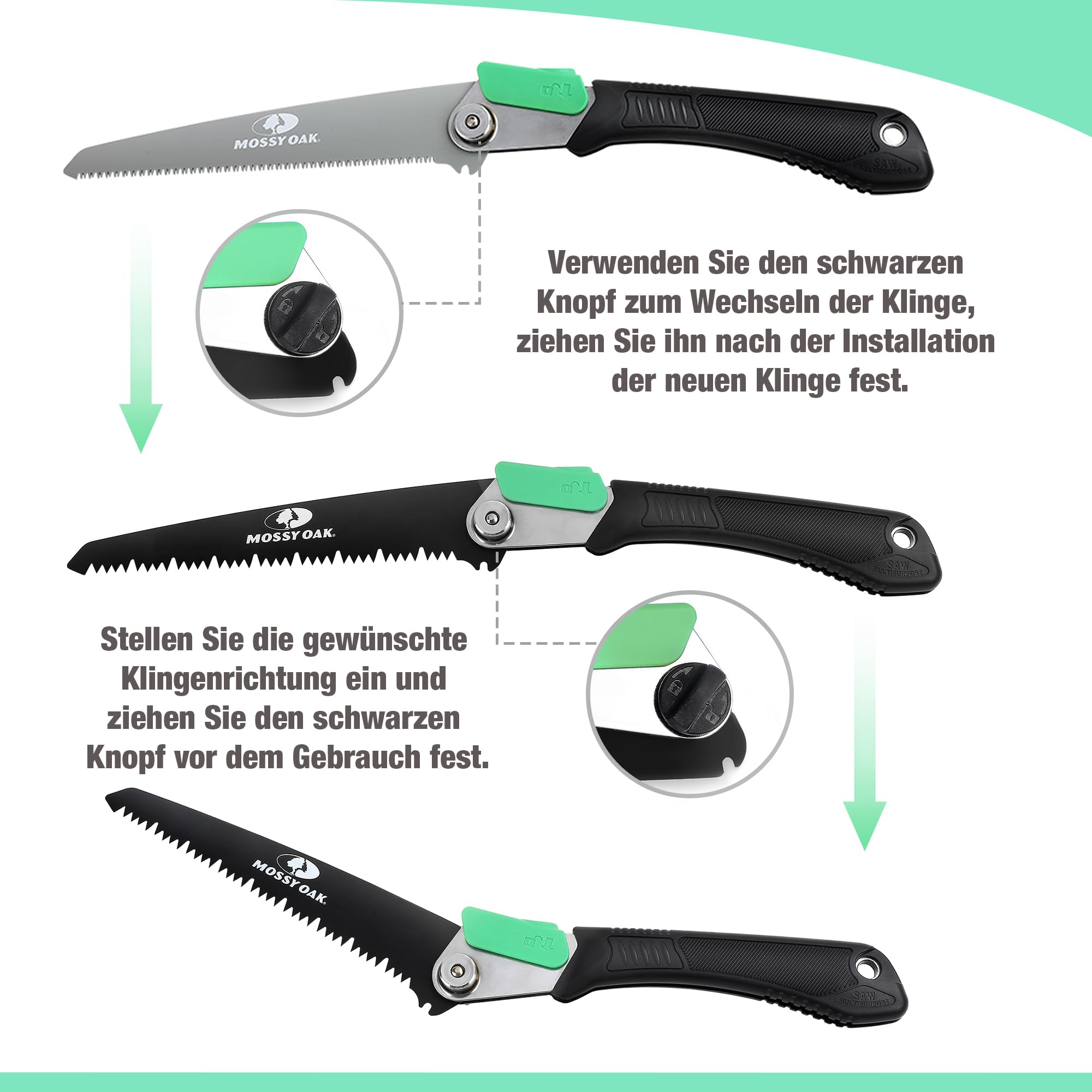 Mossy Oak 3-in-1 Folding Hand Saw Pruning Saw Includes 3 Sharp Blades Made of CR-V, Multifunctional Folding Saw for Garden, Glass, Tiles, Wood, Metal, Plastic