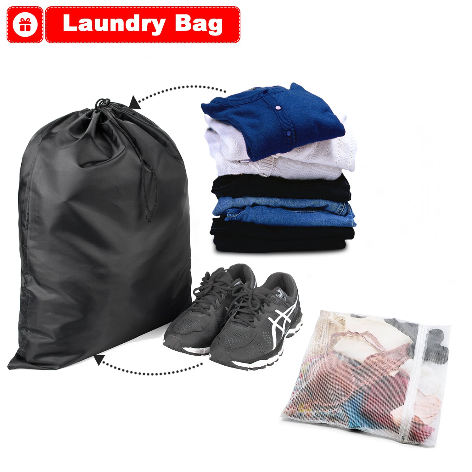 WandF Expandable Packing Organizer Cubes Set of 6, Various Sizes Plus Underwear Bag and Laundry / Shoe Bag w/ Drawstring