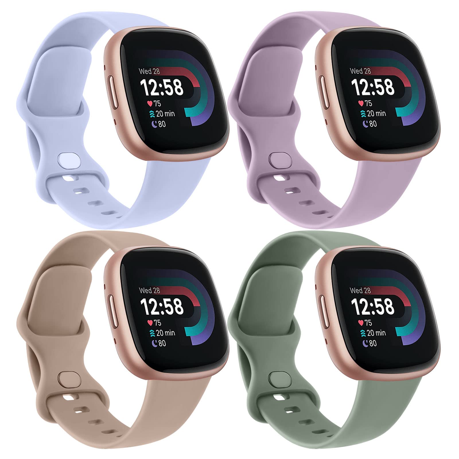 AK 4 Pack Straps Fitbit Versa 4/3/Sense 2 Strap, Soft Sport Watch Replacements, Violet/MilkTea/Cactus/Nude Blue, S 5.5''-7.5'' — image 1