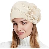Nawati Flower Women Beret, Double Layer Thickened Winter Knitted Beanie Beret Hat, Stylish French Dress Beret Hats for Women