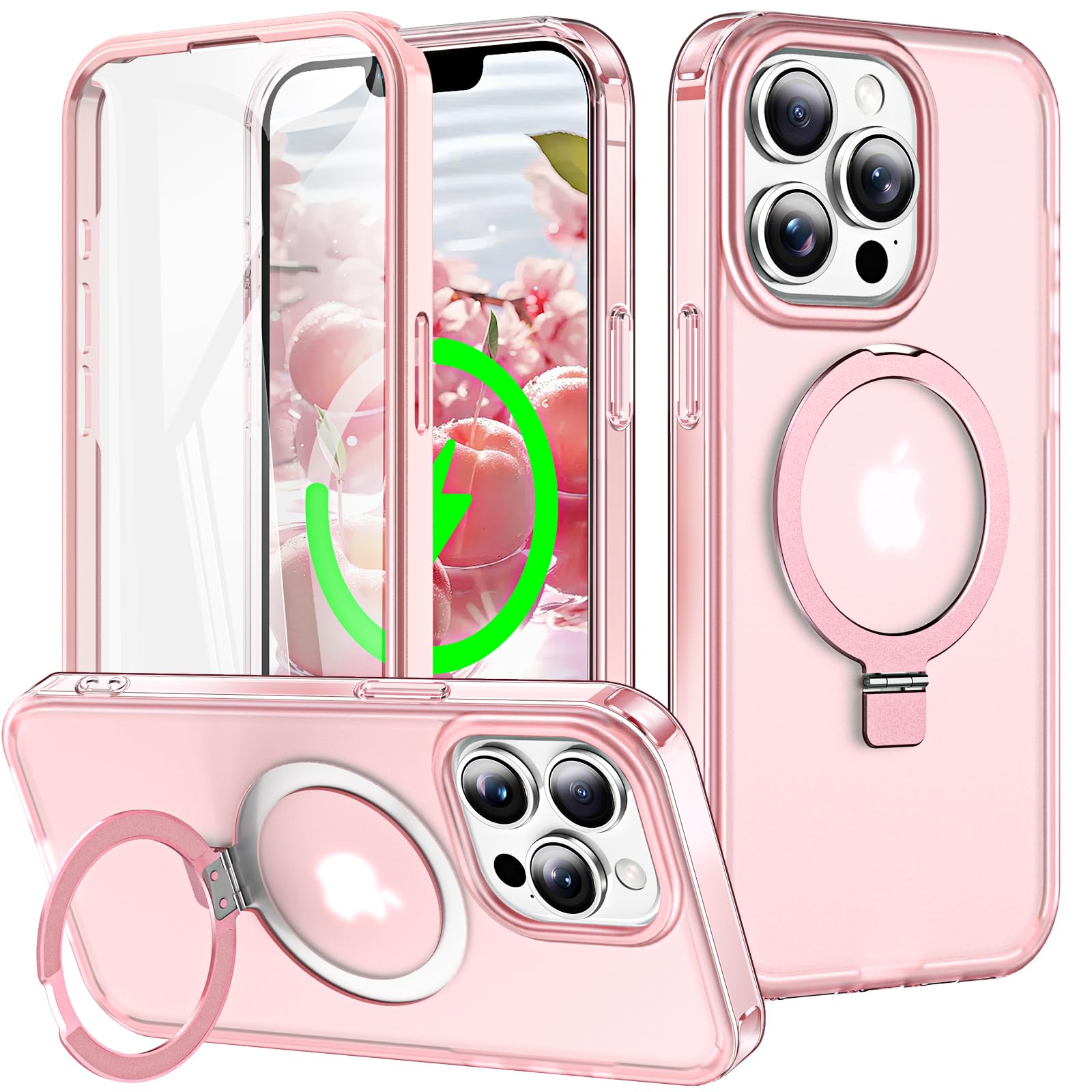 Photo 1 of Turquiase for iPhone 13 Pro Full Body Shockproof Case with Magnetic Invisible Stand [Compatible with MagSafe] Built-in Screen Protector Military Drop ProtectionTranslucent Phone Cover -Pink