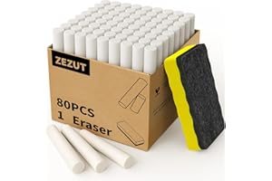 ZEZUT White Chalk with Magnetic Eraser, 80PCS Low Dust Chalks Stick Bulk for School Classroom Chalkboard Blackboard Non-Toxic
