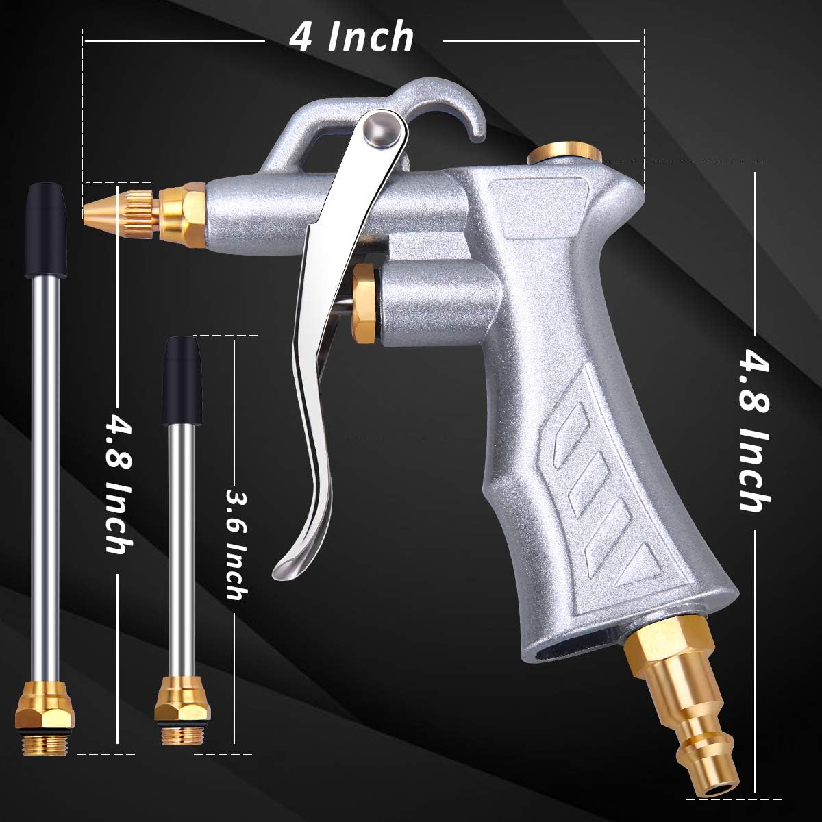Industrial Air Blow Gun with Brass Adjustable Air Flow Nozzle and 2 Steel Air flow Extension, Pneumatic Air Compressor Accessory Tool Dust Cleaning Air Blower Gun - - 