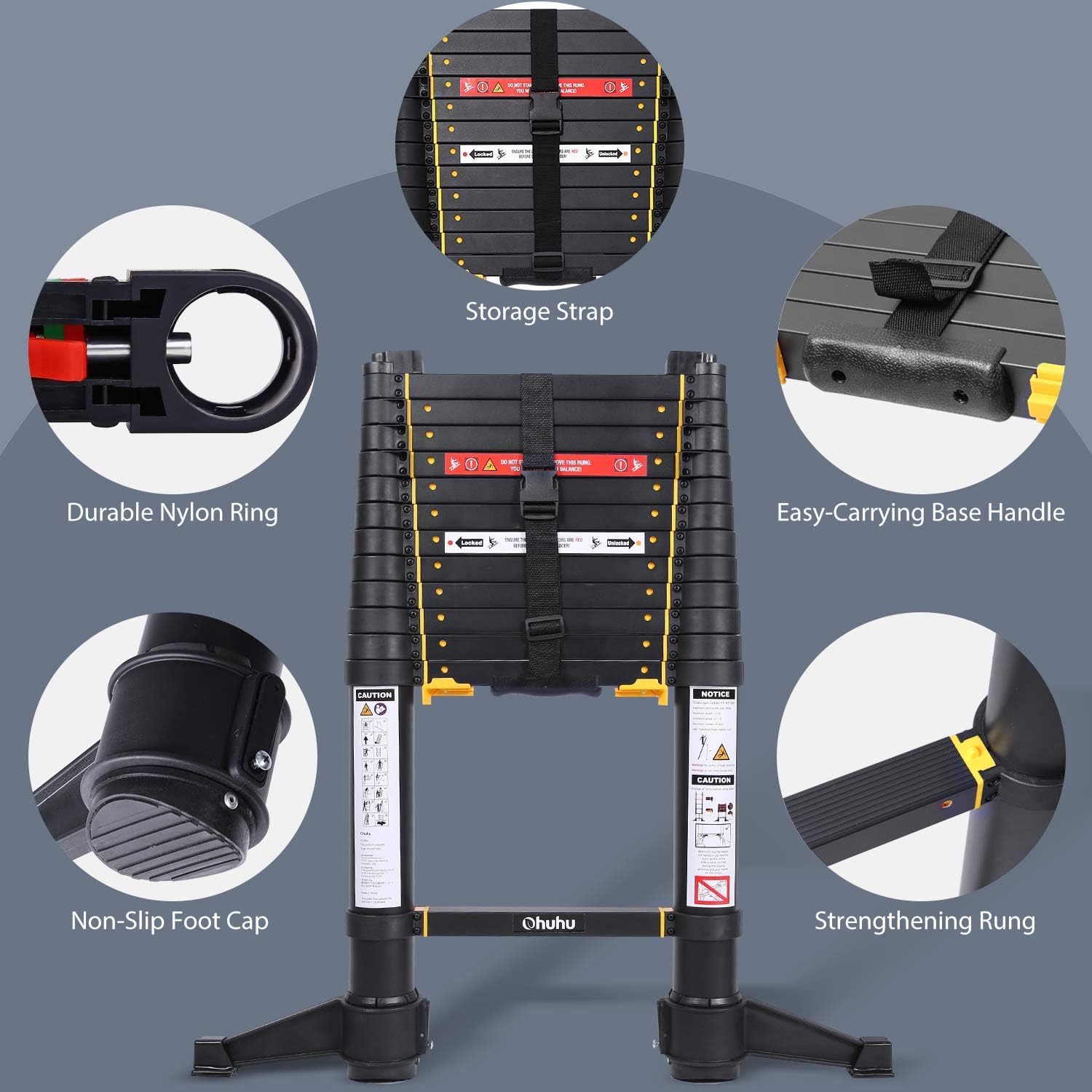 Ohuhu 12.5 FT Premium Aluminum Telescoping Ladder, ONE-Button RETRACTION ANSI Certified Patented Design Extension Ladder, 2020 All New Heavy Duty Extendable Telescopic Ladder with 330 Pound Capacity - - 