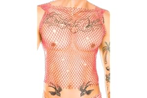 Kaei&Shi Rhinestone Mens Tank Tops Sheer Mesh See Through Fishnet Sparkly Rave Outfit Festival Crop Men Shirt Sexy Club Party