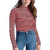 Zengjo Striped Turtleneck Women Long Sleeve Shirt - Fitted Ribbed Mock Neck Basic Layering Undershirt