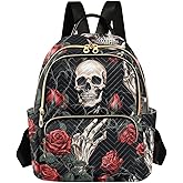 ALAZA Women Mini Backpack Purse Bag Lightweight Casual Daily Travel Backpack Red Roses with Skeleton Skull Back Pack Fashion Multipurpose Shoulder Bag,S