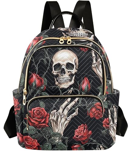 Sugar Skull Day of the Dead Backpack Purse Set,Vegan Leather Skull Handbag with Matching Wallet,Gothic Punk Rose Design for Women,Mini Backpack and Crossbody Wristlet for Party Travel Biker Daily Use