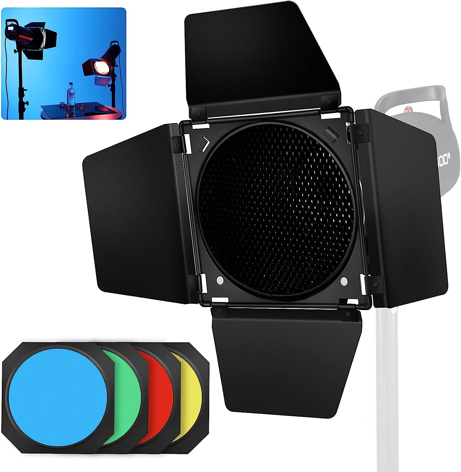 Soonpho BD-04 Barn Door Metal Barndoor & Honeycomb Grid & 4 Colour Gel Filter Kit for 7 Inch Standard Reflector Bowens Mount Compatible with GODOX LED Video Light para NEEWER Amaran Aputure