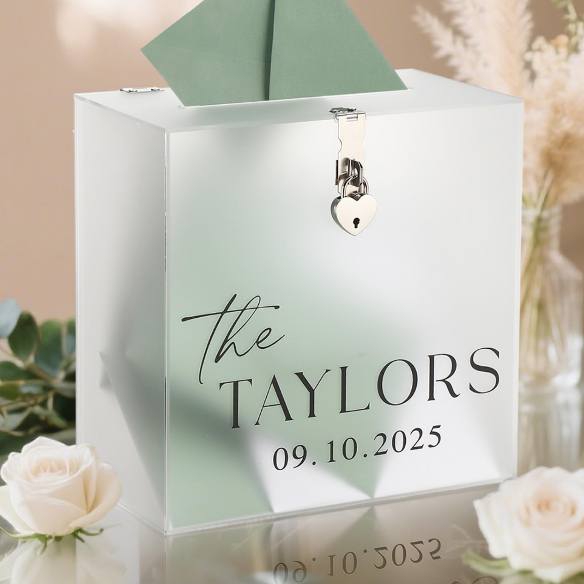 Photo 1 of (used)(minor damage) LemonRoad 10 Inches Frosted Wedding Acrylic Card Gift Box with Lock Slot and Last Name Transfers Wishing Well