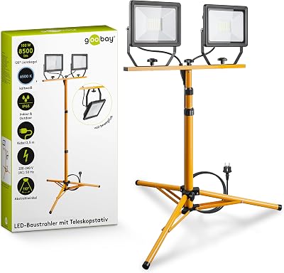 2 x 50W Baustrahler LED mit Stativ einstellbar und 2,5m Kabel für Baustelle, Werkstatt oder Keller - IP65 Baulampe LED für Innen- & Außenbereich - Strahler 2x8500 Lumen kaltweißes Licht 6500K