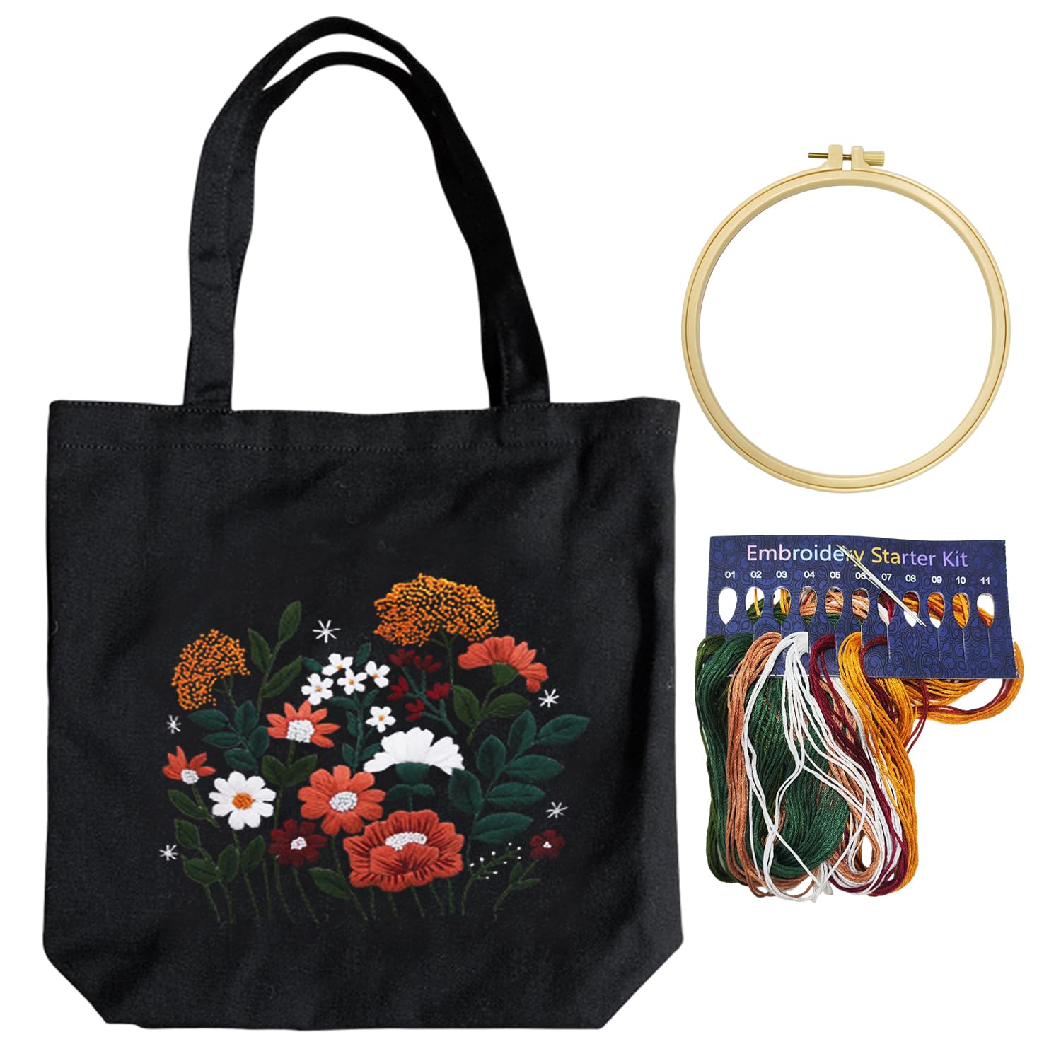 DUINIU 1 Piece Patterned Canvas Tote Bag with Embroidery Hoop, Colorful Thread, Embroidery Needle, Cross Stitch Kit, Embroidery Set, DIY Craft Kit for Adults, Embroidery Kit for Beginners (Black)