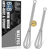 Walfos Mini Whisk,Non-Rust Whisk,304 Stainless steel Small Whisk.Heat Resistant 450℉.6+8Inch Tiny whisk Nice for Whisking, Blending Ingredients, Beating, Mixing Sauces (Silver)