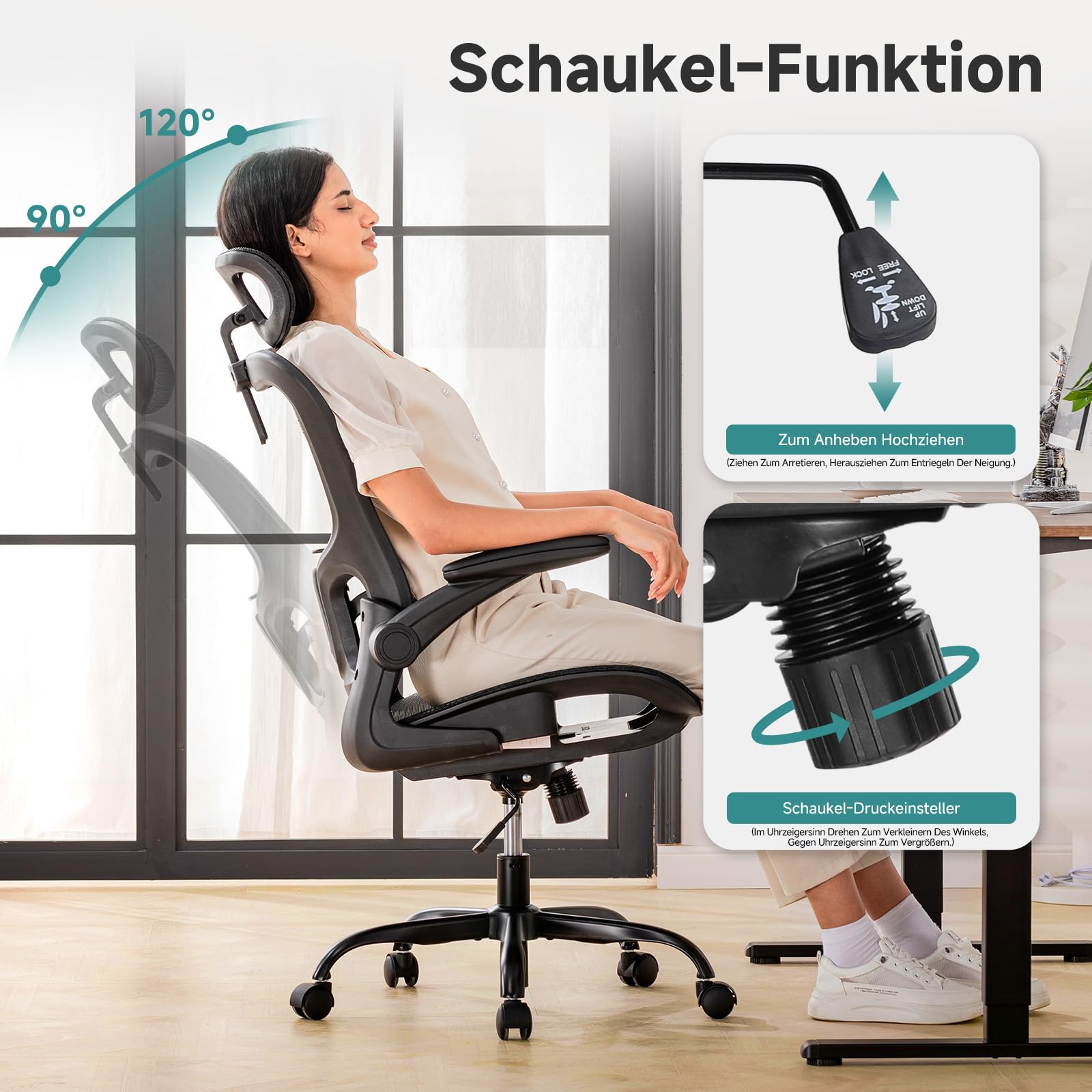 COMHOMA Bürostuhl, Schreibtischstuhl, ergonomischer Netzstuhl, mit doppellagigem Netzgewebe, atmungsaktiv, Adaptive Lendenstütze, verstellbare Kopfstütze, für Homeoffice, Drehstuhl 150 kg, Schwarz 4