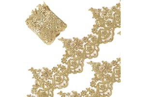 GORGECRAFT 5.7 Inch Width Gold Metallic Venice Lace Trim 2.6 Yards Sequin Flower Embroidery Lace Ribbon Applique Sewing Floral Crown Edge Trimming for DIY Crafts Clothes Wedding Home Decor