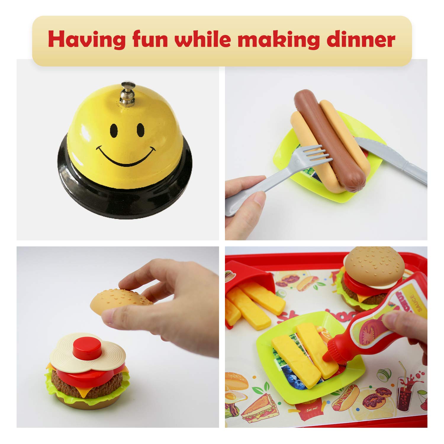 Shooback Play Kitchen Accessories, Pretend Kitchen Sets Kids Play Food, Children Toy Food Play, Fake Food for 3,4,5,6,7,8 Year Old and Up, Gift Game for Girls, Kids, Toddlers with Smile Dinner Bell