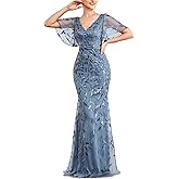 Ever-Pretty Women's Sequin Formal Dresses V-Neck Ruffles Sleeves Embroidery Mermaid Long Evening Prom Dress
