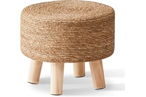 Cpintltr Foot Stool Natural Seagrass Hand Weave Poufs Round Ottoman for Couch Desk Soft Step Stool Padded Foot Rest with Non-Skid Pine Legs for Hallway Office Lounge Natural