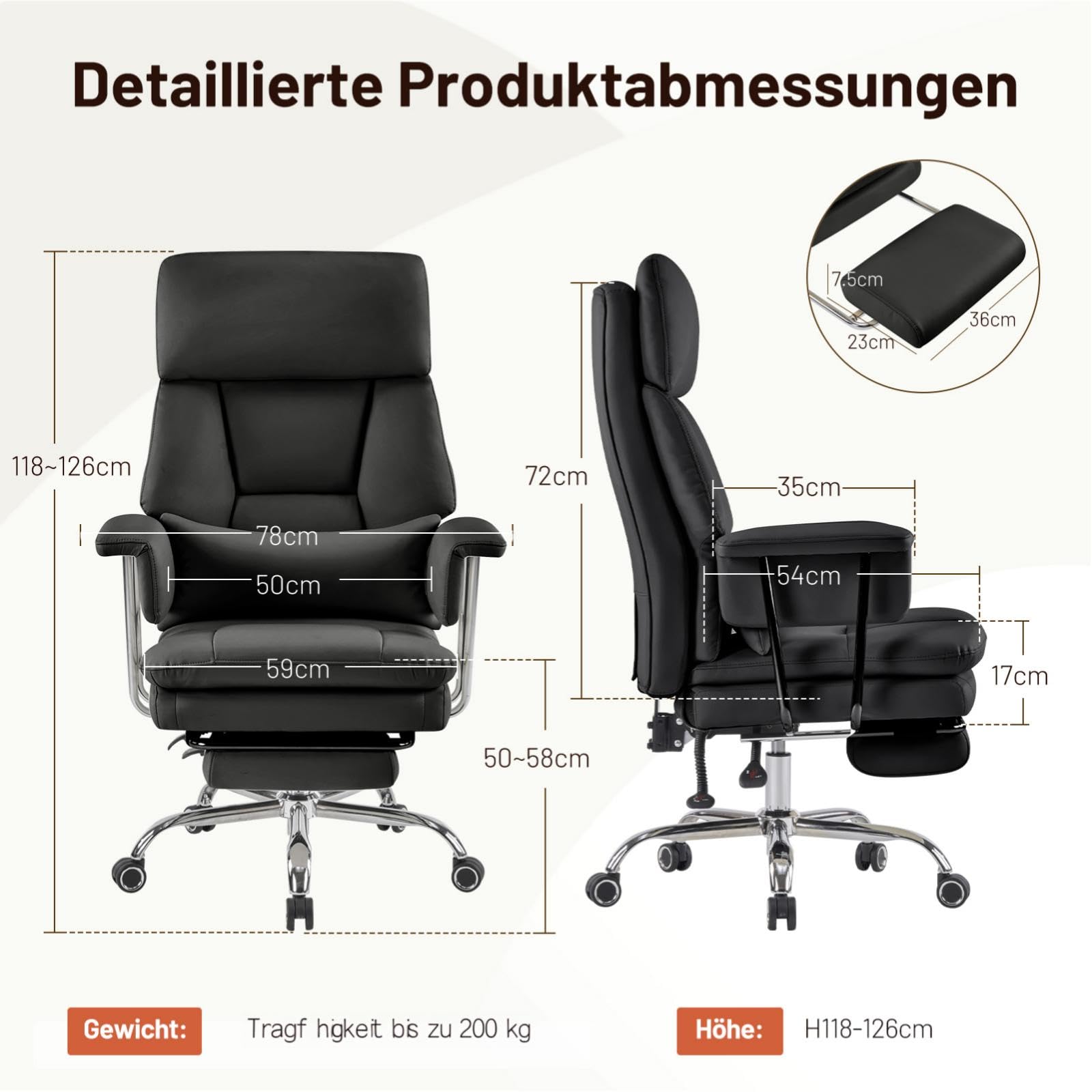 Ckaff Bürostuhl Ergonomischer mit Fußstütze und Lendenwirbelstütze, PU Leder Chefsessel 200KG XXL, Schreibtischstuhl Drehstuhl mit Armlehnen und Kopfstütze Höhenverstellbarer, Schwarz 9