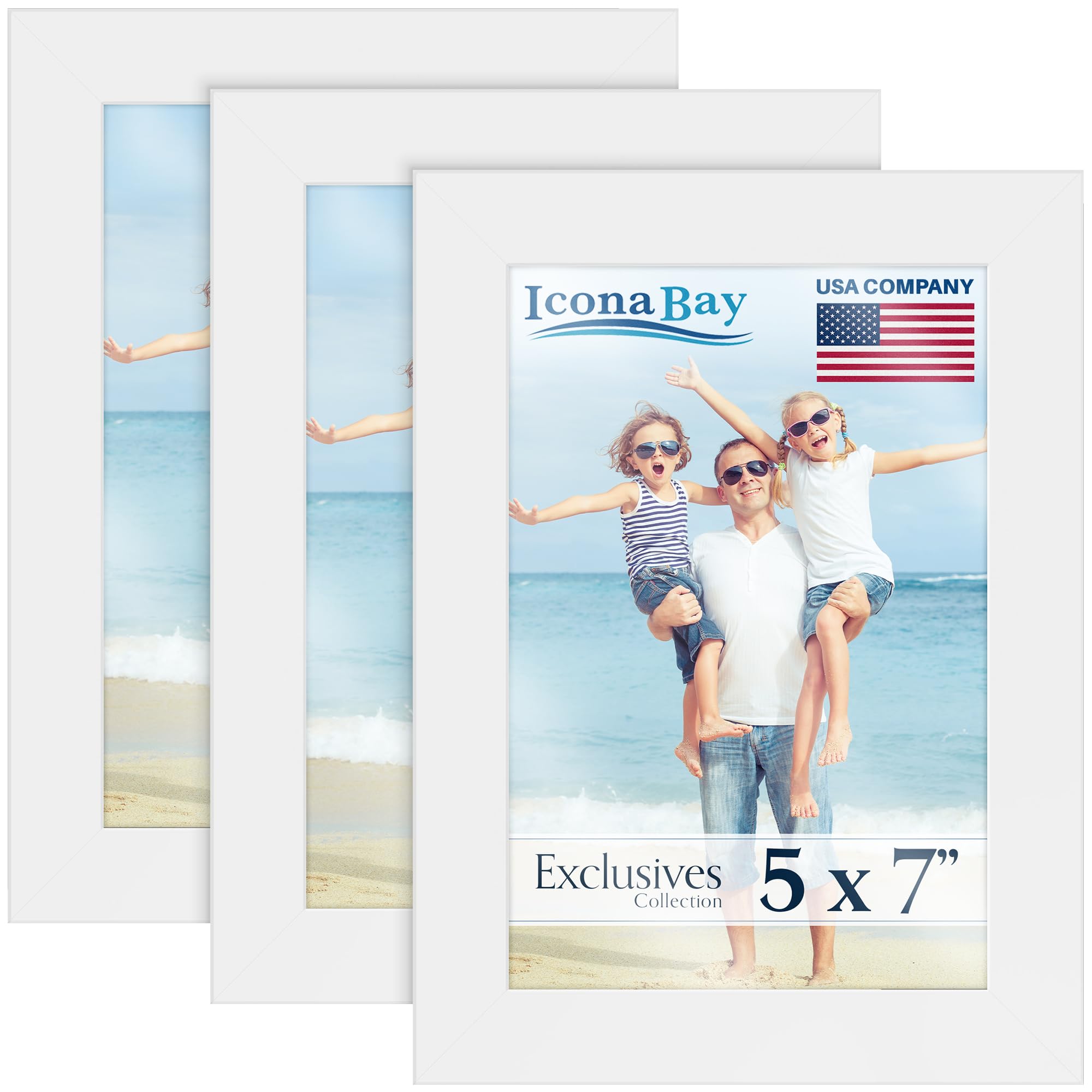 Icona Bay - 7x5 Picture Frames - White, 3 Pack - Sturdy Engineered Wood Photo Frames 7 x 5 - Sleek Design, Table Top or Wall Mount - Exclusives Collection