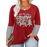 Plus Size Merry Christmas Shirts Women Xmas Buffalo Plaid Tree Shirt Long Oversized Graphic Tees Xmas Tops