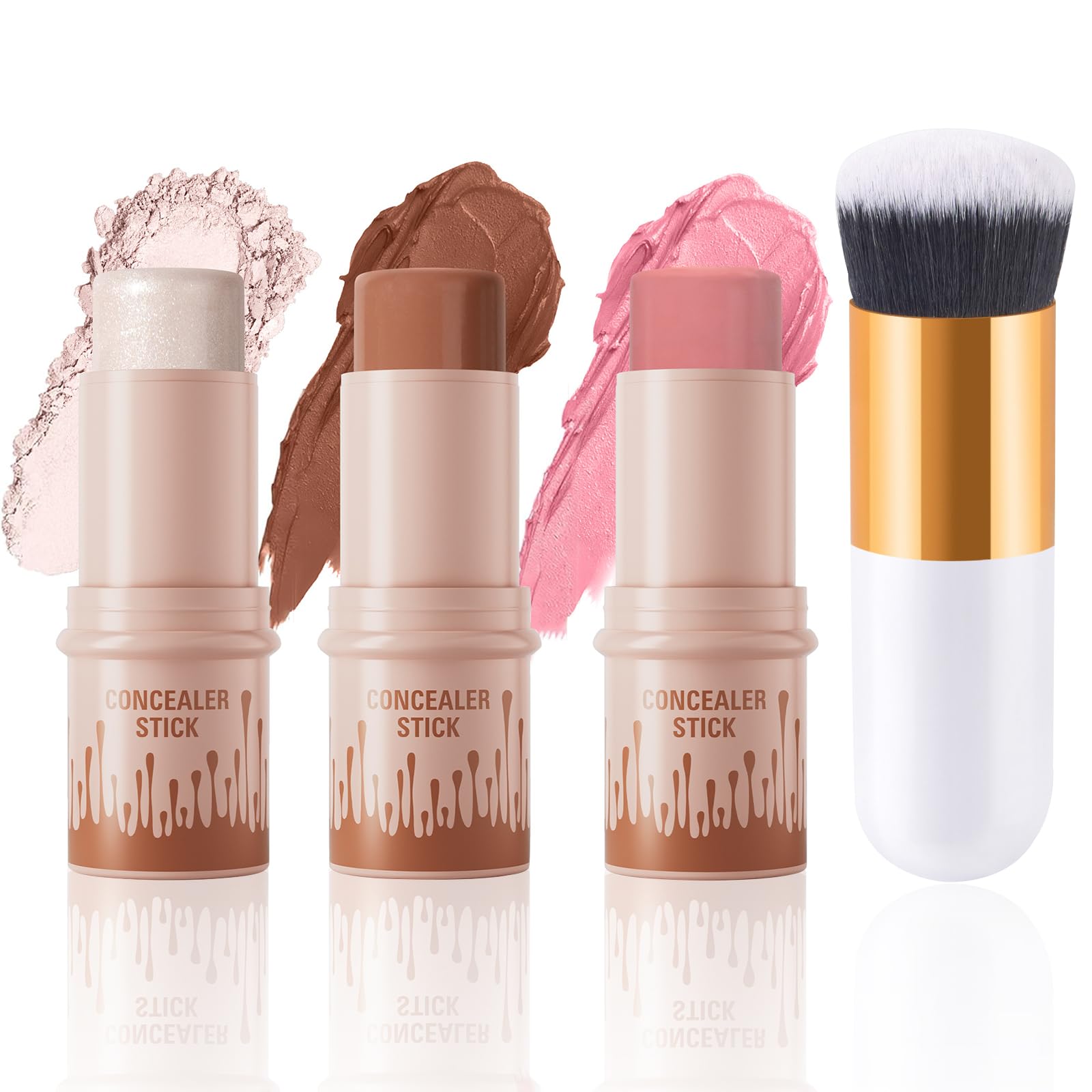 3Pcs Contour Highlighter Blush Stick, Bronzer Beauty Wand with Brush, Waterproof Long Lasting Cream Concealer for Sculpt the Cheeks, Lightweight Smooth Face Makeup Contouring Stick Set for All Skin