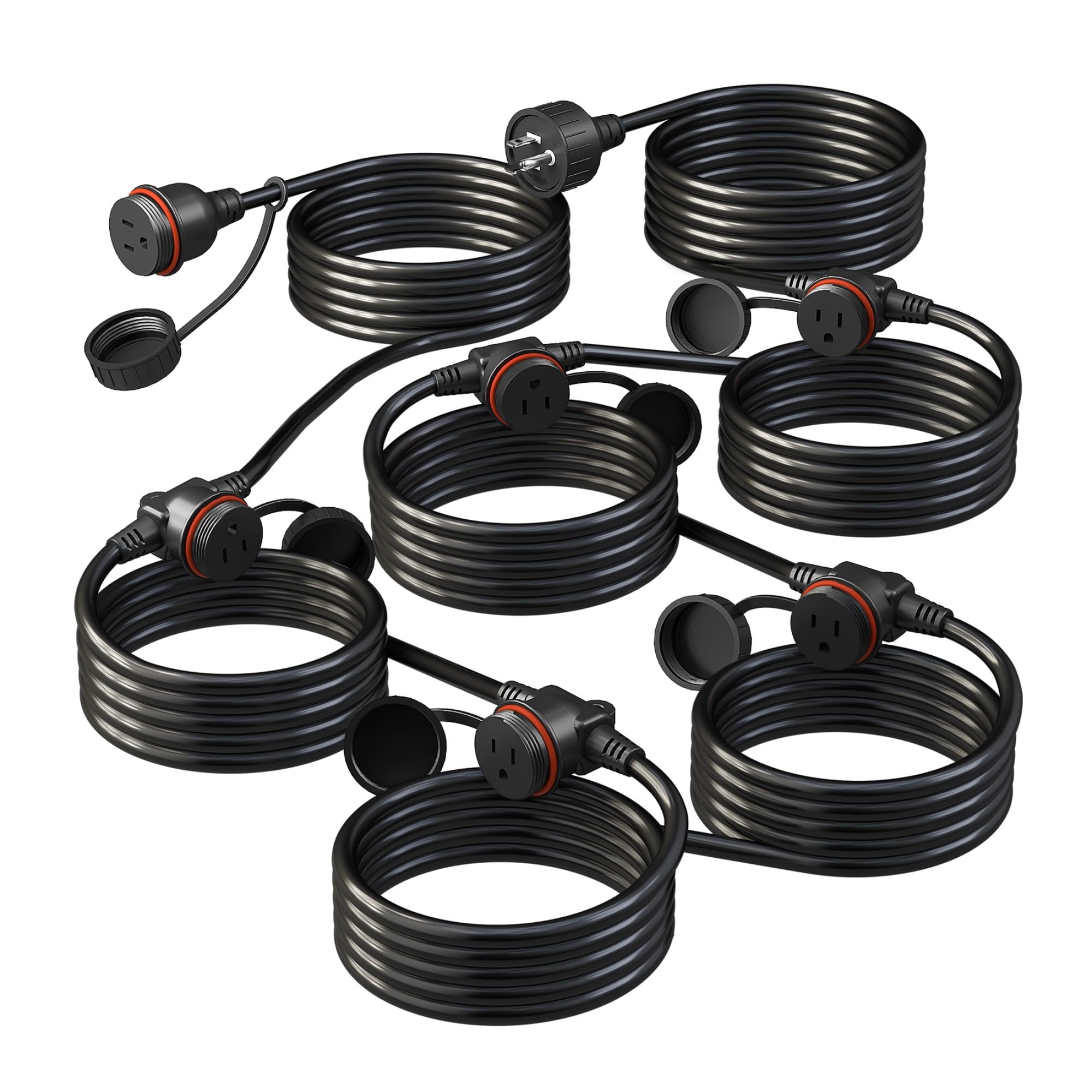 Photo 1 of 50FT Black Outdoor Extension Cord, Evenly Spaced 6 Outlets Plugs with Waterproof Cover, 16/3 SJTW Weatherproof Multiple Outlets Wire for Holiday Light and Halloween Christmas Decoration, ETL Listed