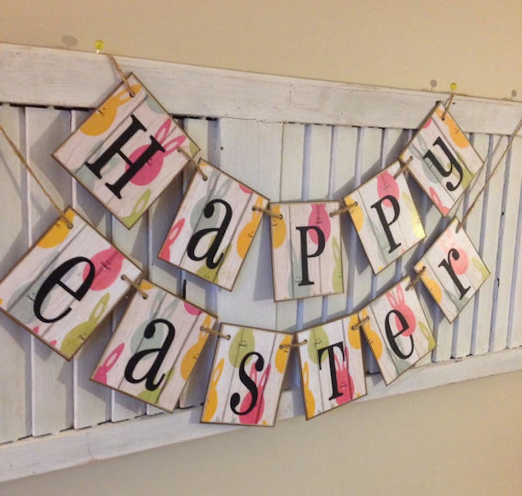 Happy Easter Banner Bunting Garland Swag Sign Pastel Bunnies on Distressed Barn Siding Cards Great Spring Photo Prop