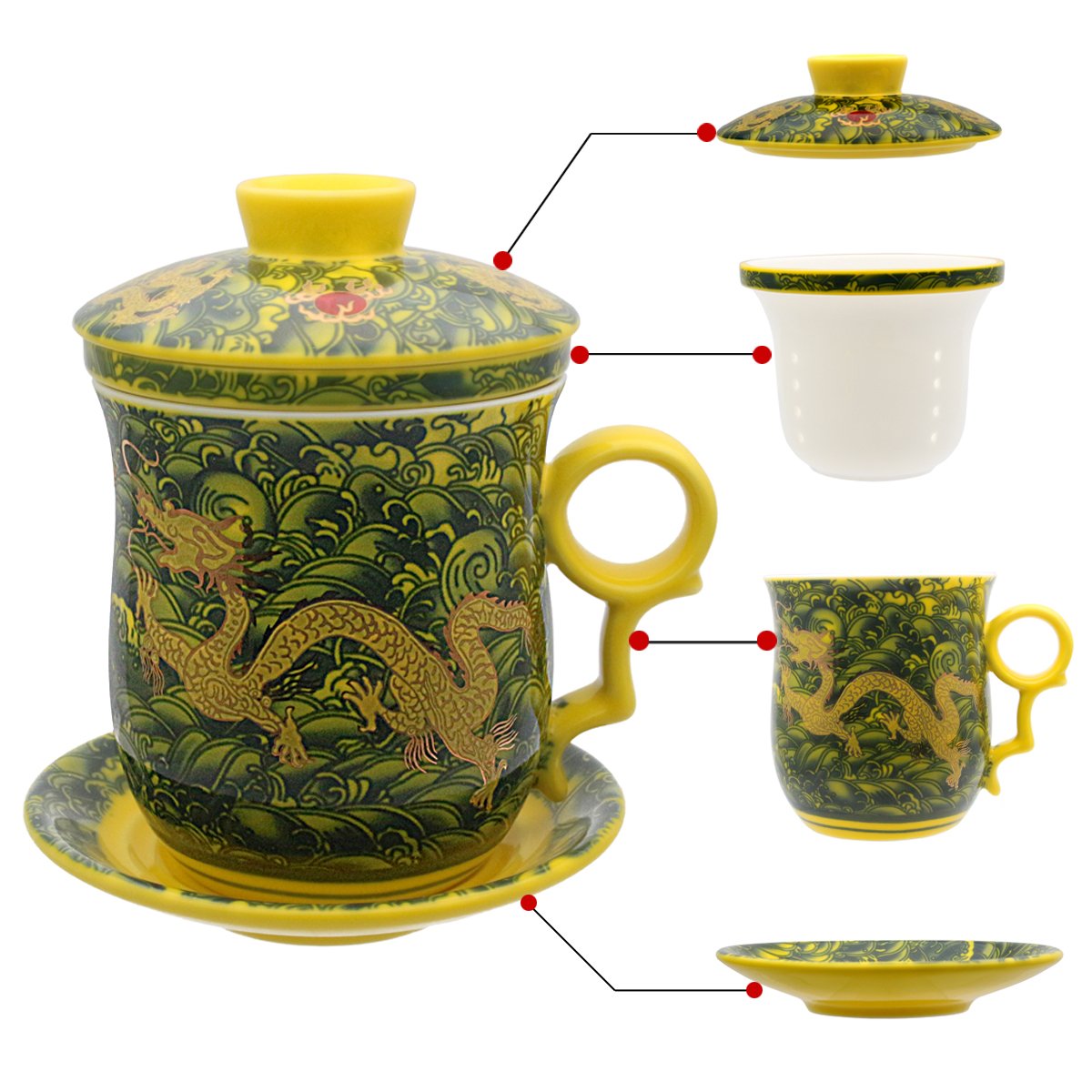 HOLLIHI Porcelain Tea Cup with Lid and Saucer Infuser Sets - Chinese Jingdezhen Ceramics Coffee Mug Teacup Loose Leaf Tea Brewing System for Home Office